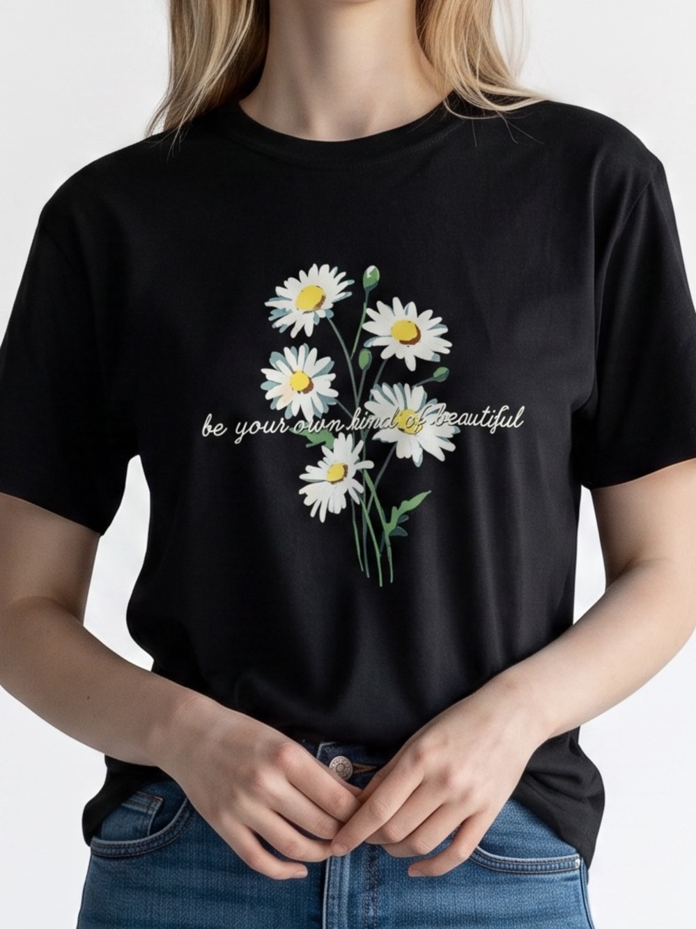 Ardene Black Tee with White & Yellow Daisies “be your own kind of beautiful”